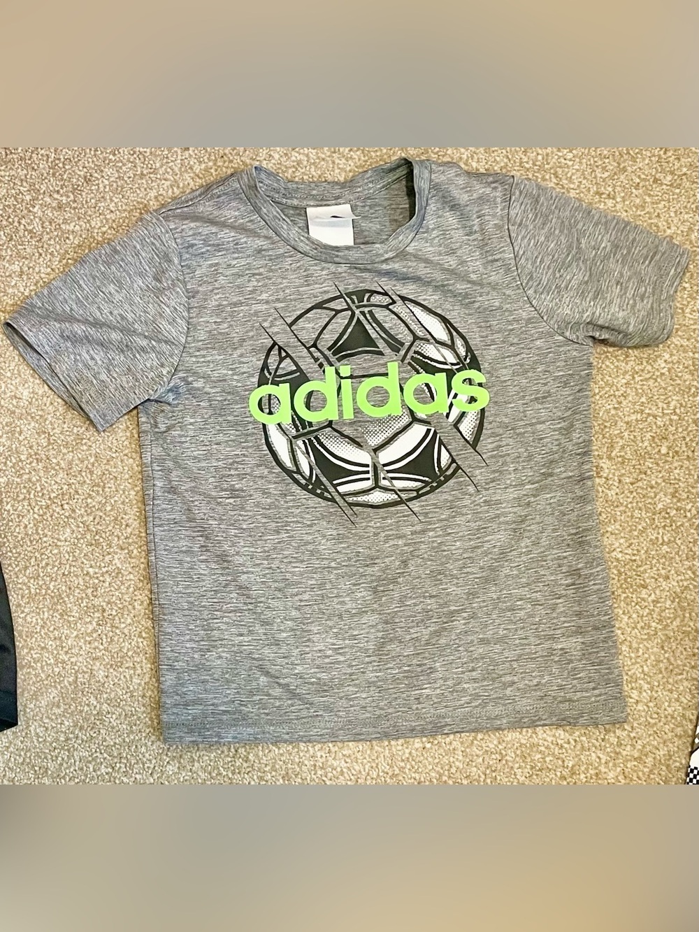 adidas Gray Tee with Neon Green Logo and Soccer Graphic